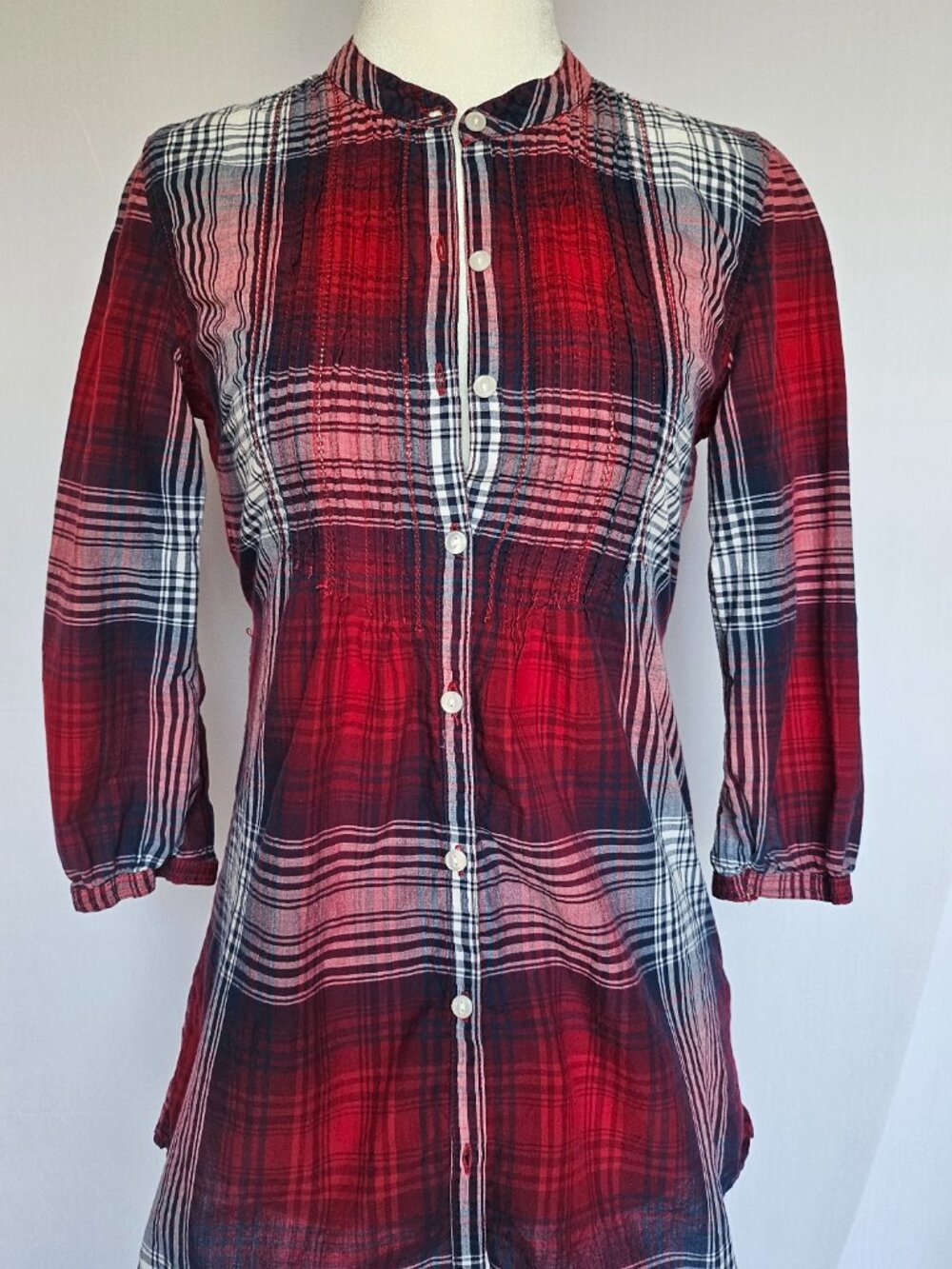 Aeropostale | Plaid Button Front Tunic Shirt | Red Navy Plaid | Petite S